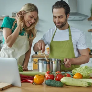 happy young couple cooking together