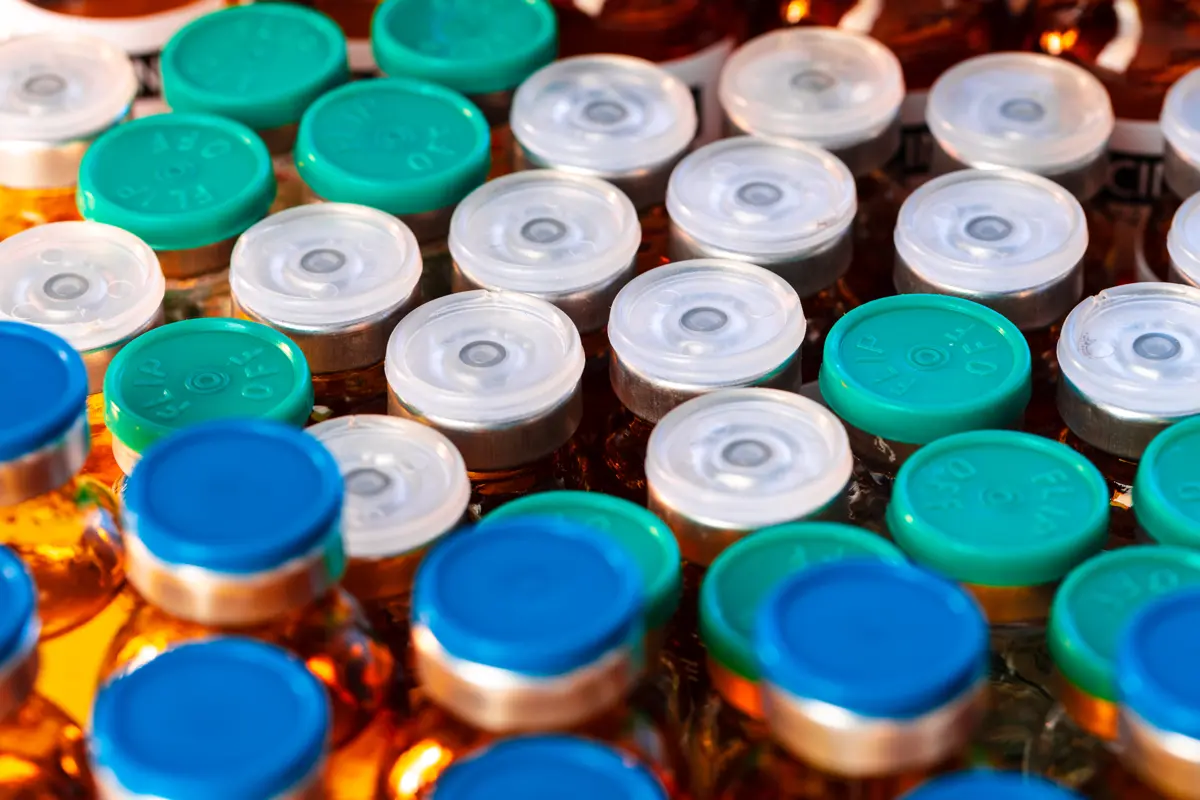 Pharmaceutical grade peptide vials in a clinical setting for Viva Wellness Center hormone therapy