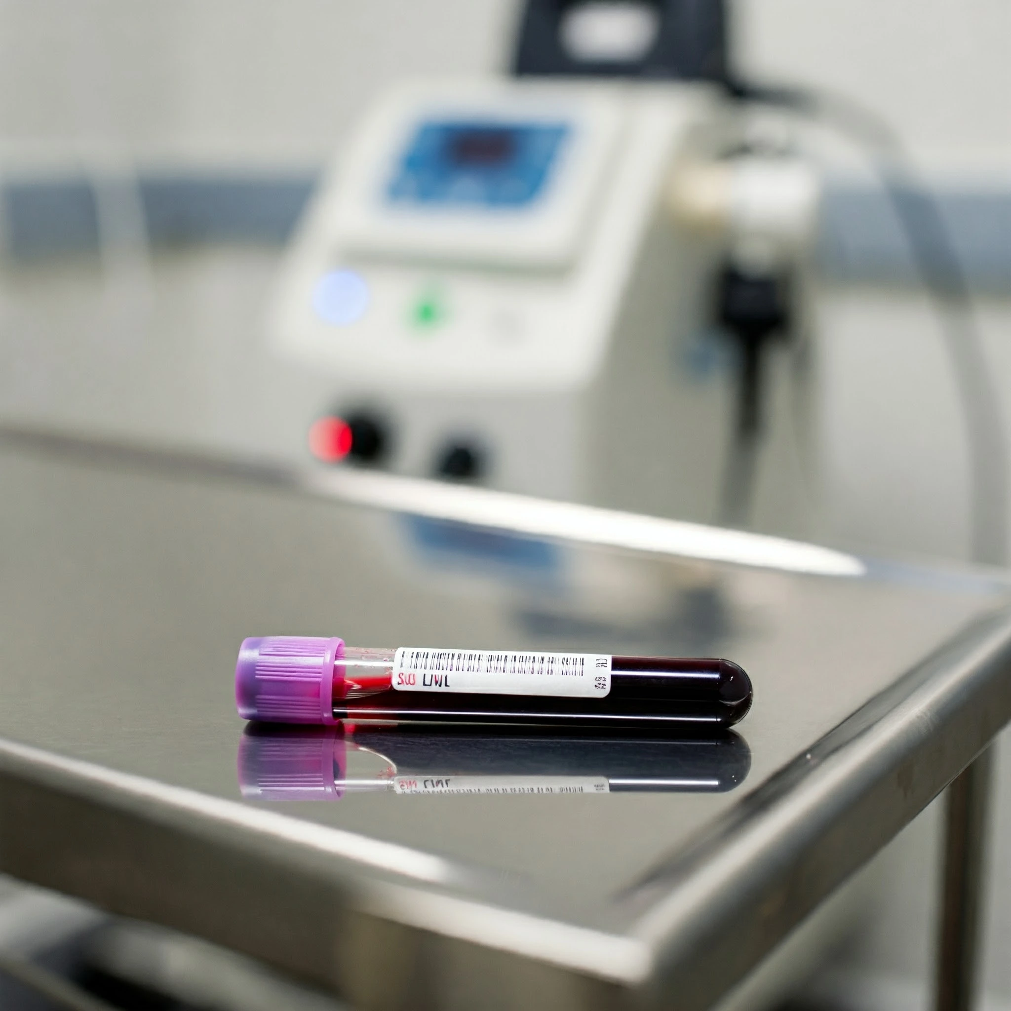 Frasco de PRP sobre mesa médica com máquina de terapia por ondas de choque ao fundo.
